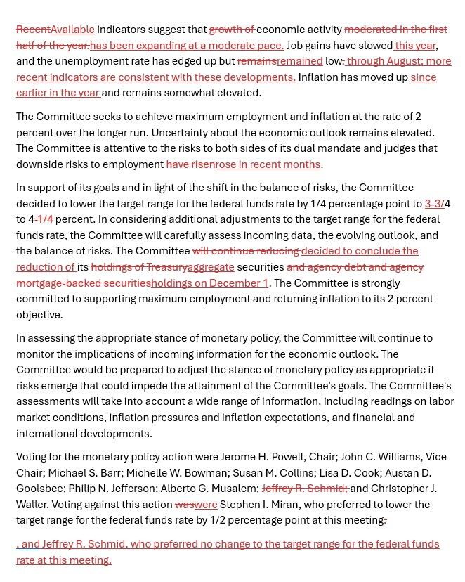 美联储祭出组合拳：继续降息25基点+12月结束缩表，两票委反对利率决议