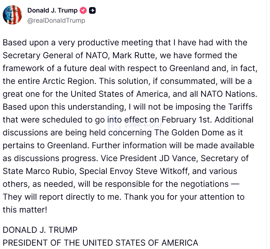 Trump Declares He Will Not Impose Tariffs on Greenland Issue, Cryptocurrency Sees Temporary Price Rebound Trump Declares He Will Not Impose Tariffs on Greenland Issue, Cryptocurrency Sees Temporary Price Rebound