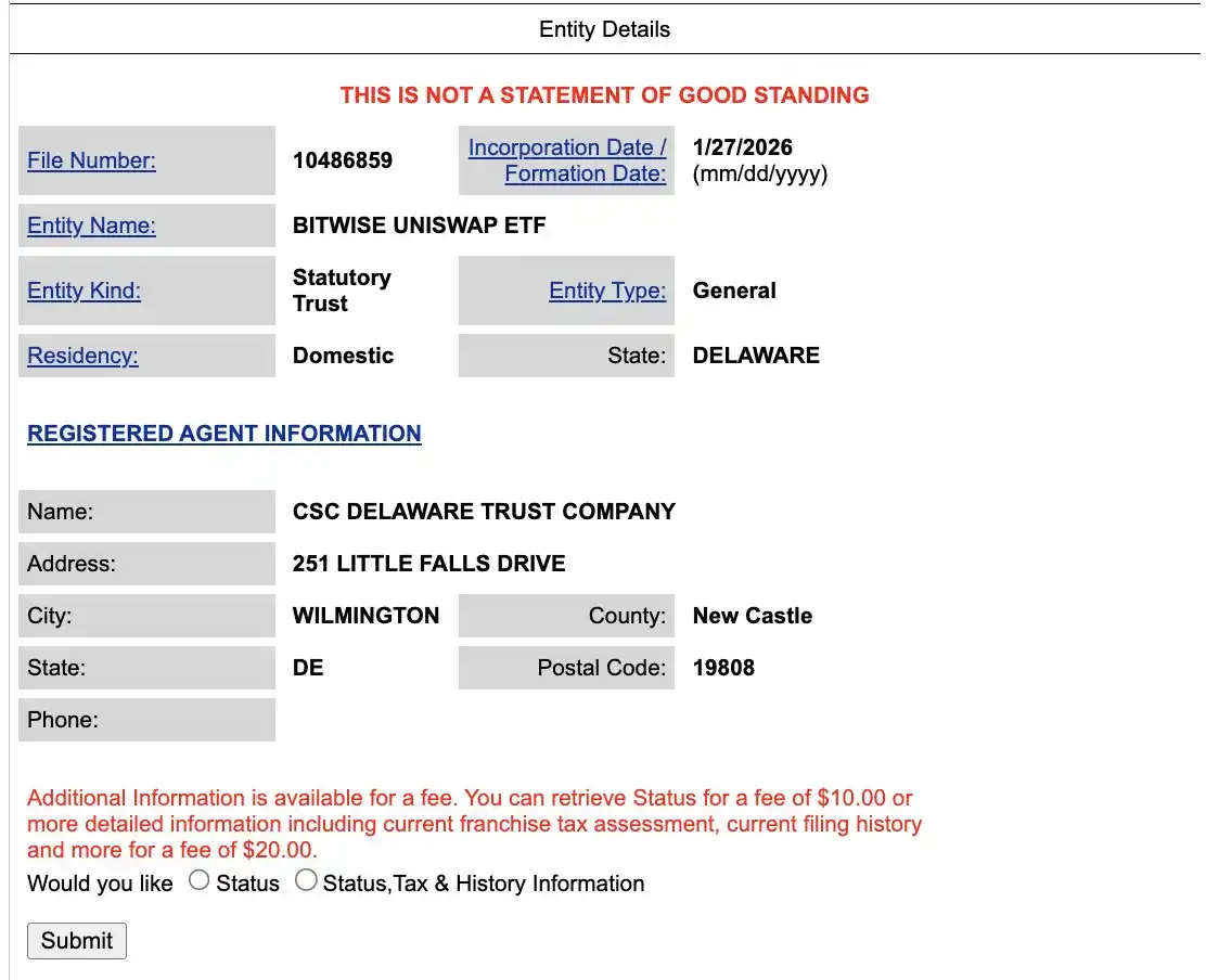 Bitwise Uniswap ETF has been registered in Delaware Bitwise Uniswap ETF has been registered in Delaware