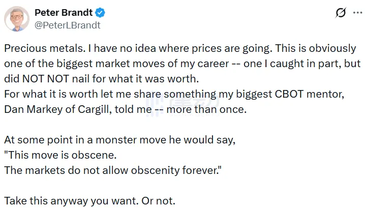 Peter Brandt referred to the precious metals move as the “single greatest market anomaly of my career,” suggesting market risk Peter Brandt referred to the precious metals move as the “single greatest market anomaly of my career,” suggesting market risk