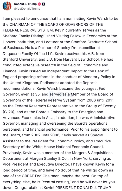 Trump: Will Nominate Kevin Warsh as Fed Chairman Trump: Will Nominate Kevin Warsh as Fed Chairman