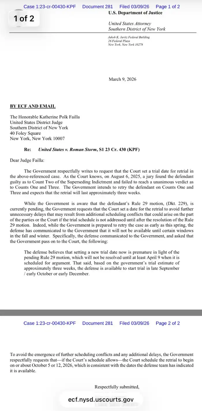 The US Department of Justice will re-litigate the Tornado Cash co-founder Roman Storm case this fall The US Department of Justice will re-litigate the Tornado Cash co-founder Roman Storm case this fall