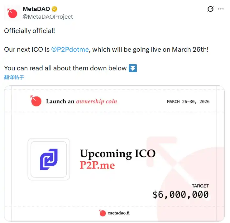 MetaDAO will launch on P2P.me on March 26, with a minimum fundraising target of $6 million. MetaDAO will launch on P2P.me on March 26, with a minimum fundraising target of $6 million.