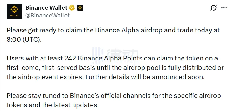 Binance Alpha will distribute an airdrop today at 16:00 UTC, with a threshold of 242 points. Binance Alpha will distribute an airdrop today at 16:00 UTC, with a threshold of 242 points.