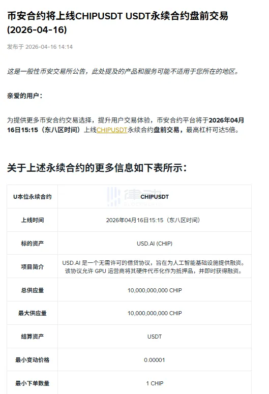 Binance to List USD.AI (CHIP) Perpetual Futures Contract for Trading Ahead of Launch Binance to List USD.AI (CHIP) Perpetual Futures Contract for Trading Ahead of Launch