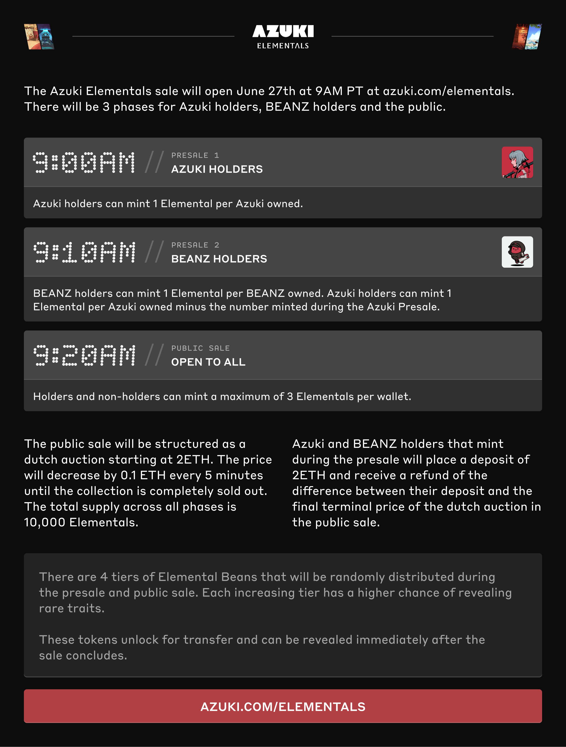 Azuki Elementals公布发售细节，公开发售阶段将采取荷兰拍形式- BlockBeats